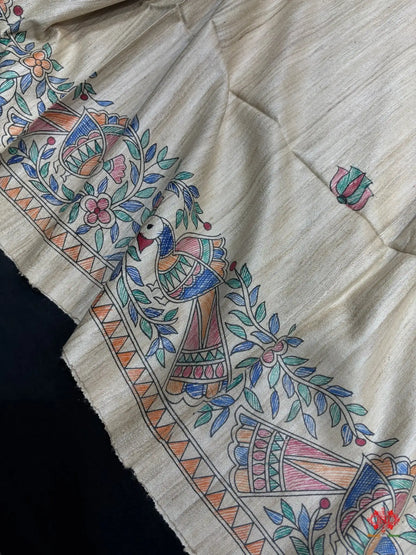 Pure Madhubani HandBrush Painting Silk Saree In Shade Of Tusser - Bharat Silk House Tussar