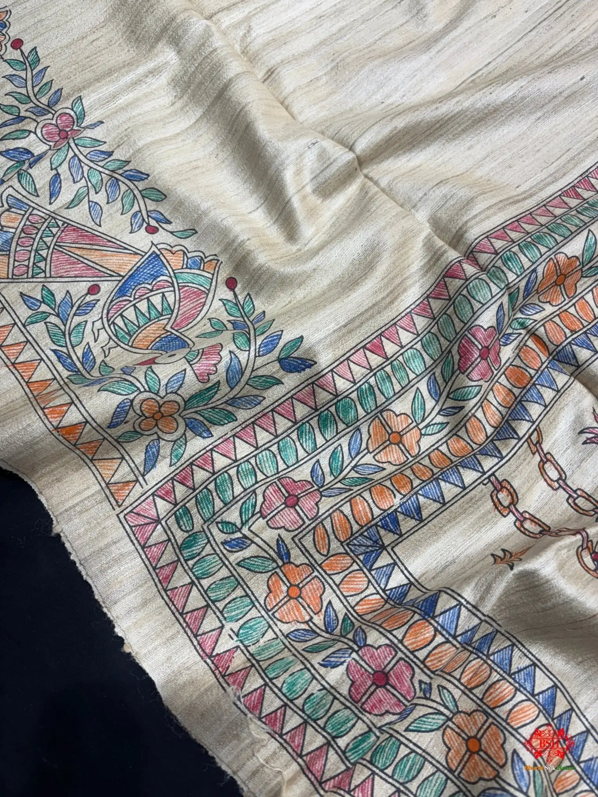 Pure Madhubani HandBrush Painting Silk Saree In Shade Of Tusser - Bharat Silk House Tussar