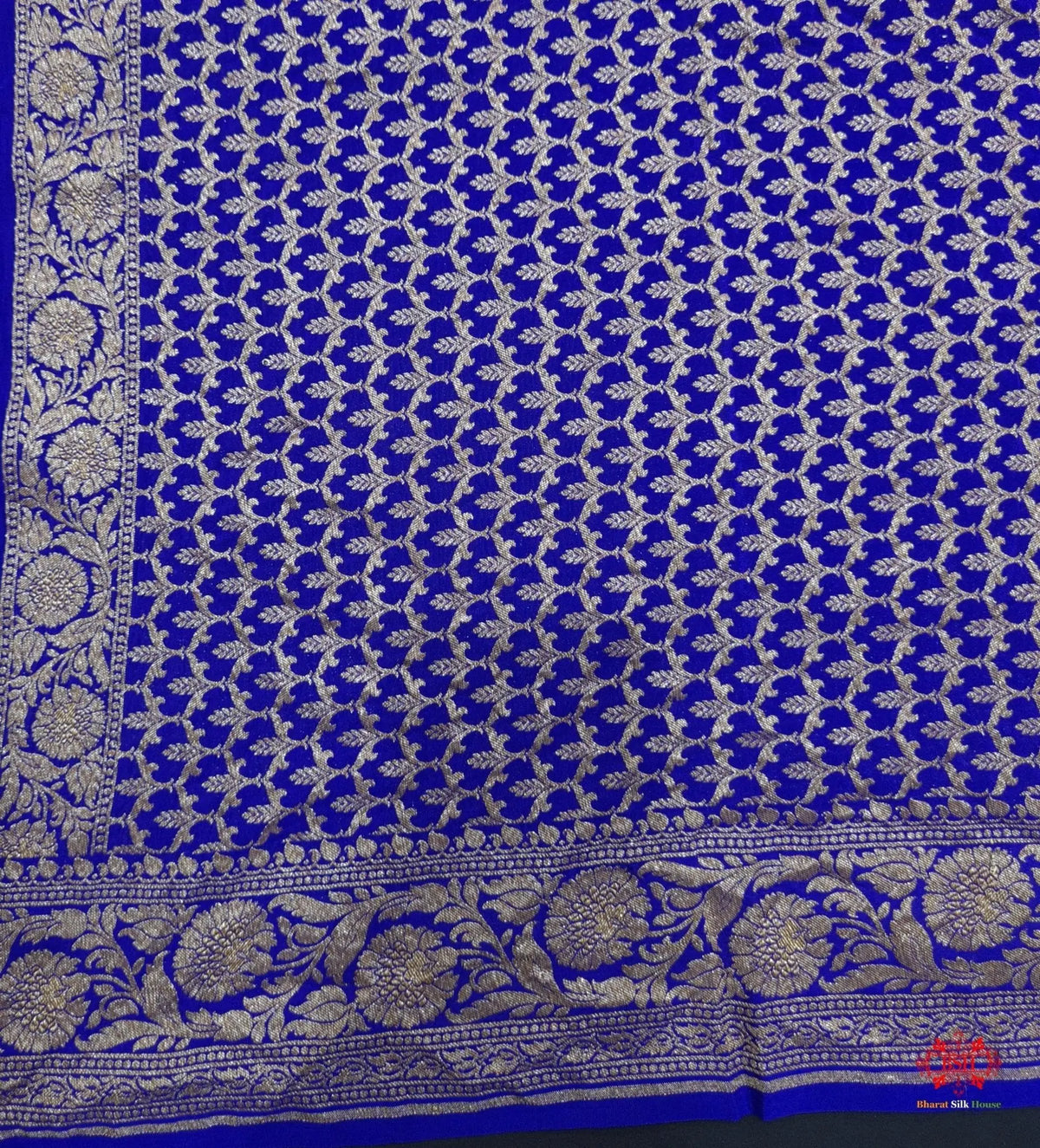 Pure Silk Crape Khaddi Georgette Saree With Antique Zari In Shades Of Blue - Bharat Silk House Crepe Khaddi