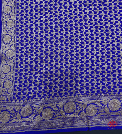 Pure Silk Crape Khaddi Georgette Saree With Antique Zari In Shades Of Blue - Bharat Silk House Crepe Khaddi