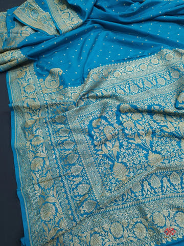 Pure Silk Crape Khaddi Georgette Saree With Antique Zari In Shades Of Blue - Bharat Silk House Crepe Khaddi