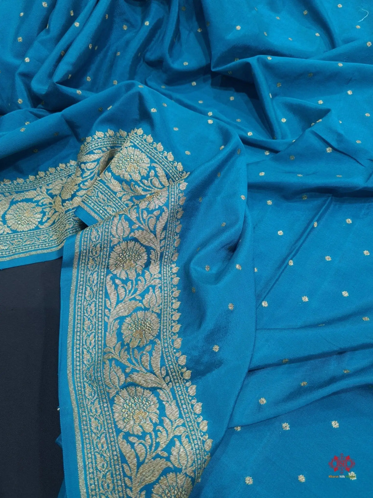 Pure Silk Crape Khaddi Georgette Saree With Antique Zari In Shades Of Blue - Bharat Silk House Crepe Khaddi