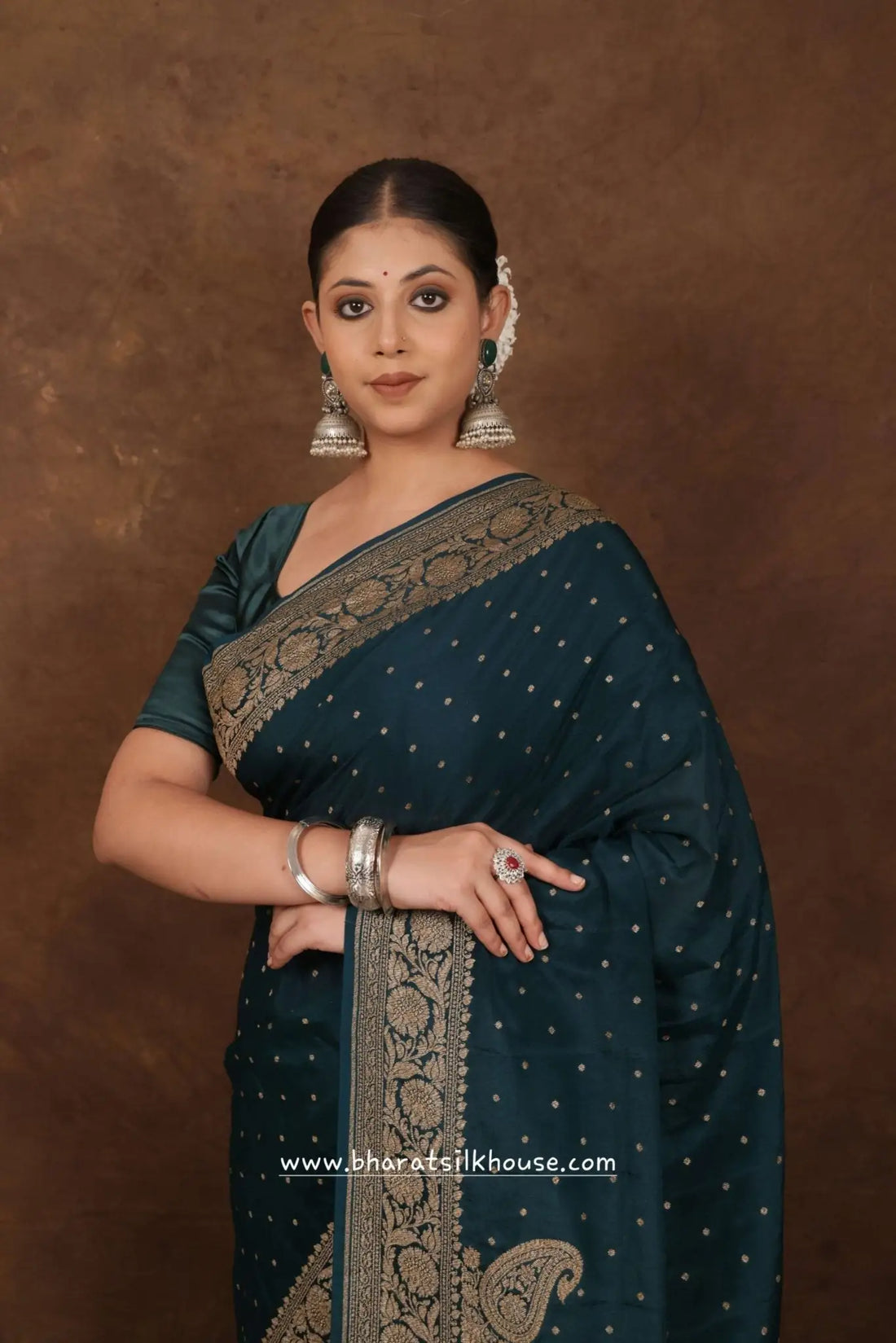 Pure Silk Crape Khaddi Georgette Saree With Antique Zari In Shades Of Green - Bharat Silk House Crepe Khaddi