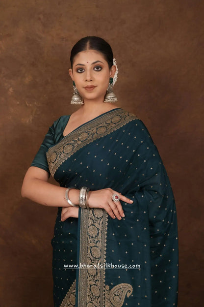 Pure Silk Crape Khaddi Georgette Saree With Antique Zari In Shades Of Green - Bharat Silk House Crepe Khaddi