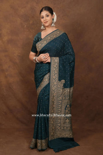 Pure Silk Crape Khaddi Georgette Saree With Antique Zari In Shades Of Green - Bharat Silk House Crepe Khaddi