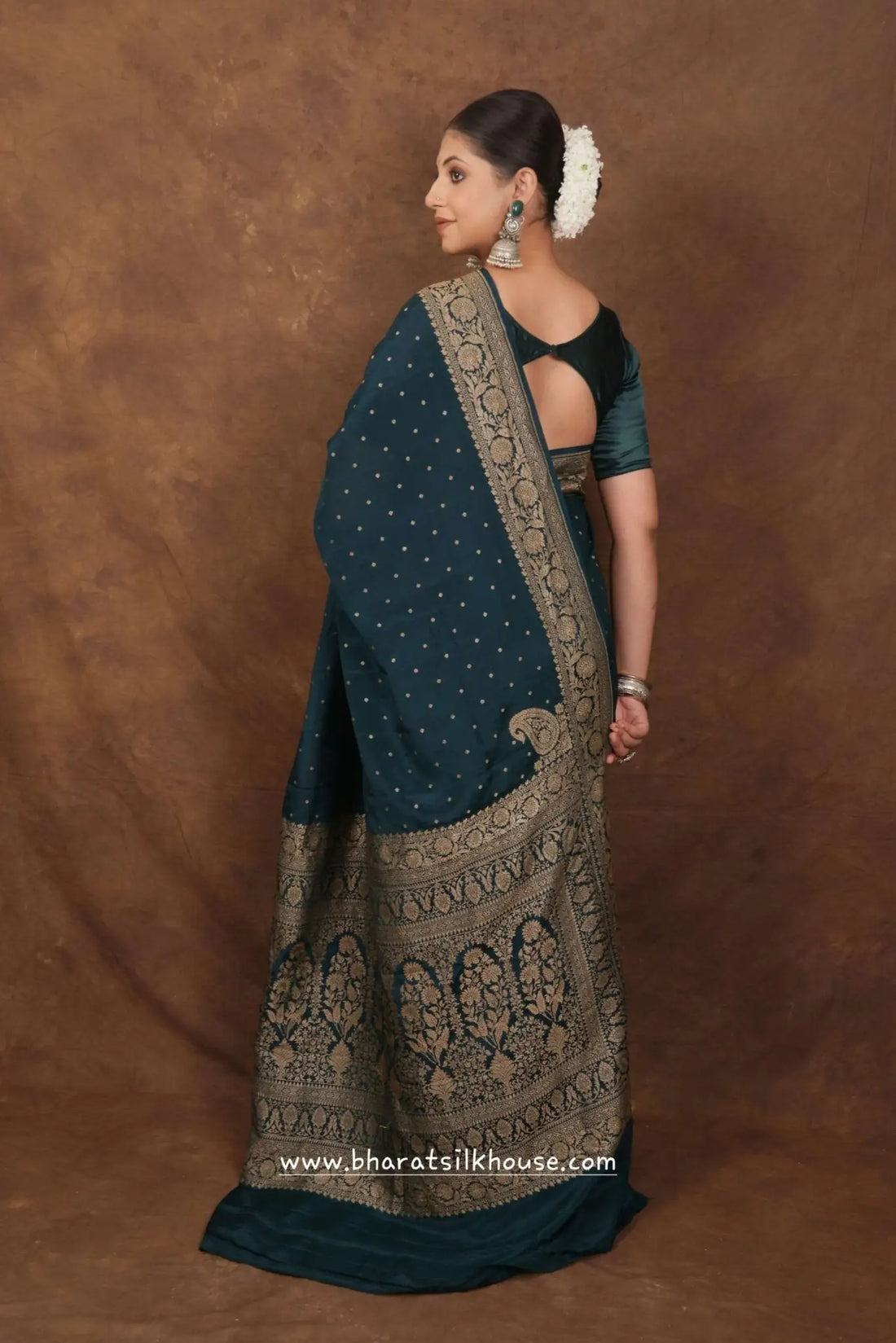 Pure Silk Crape Khaddi Georgette Saree With Antique Zari In Shades Of Green - Bharat Silk House Crepe Khaddi