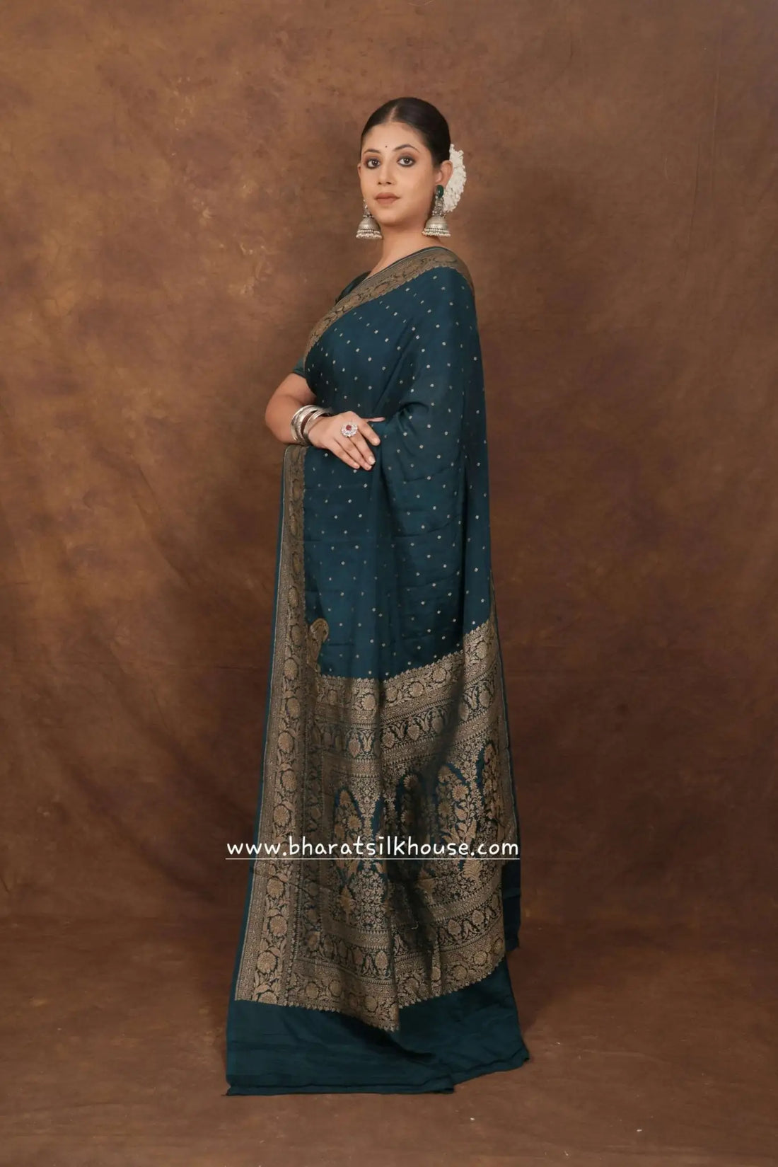 Pure Silk Crape Khaddi Georgette Saree With Antique Zari In Shades Of Green - Bharat Silk House Crepe Khaddi