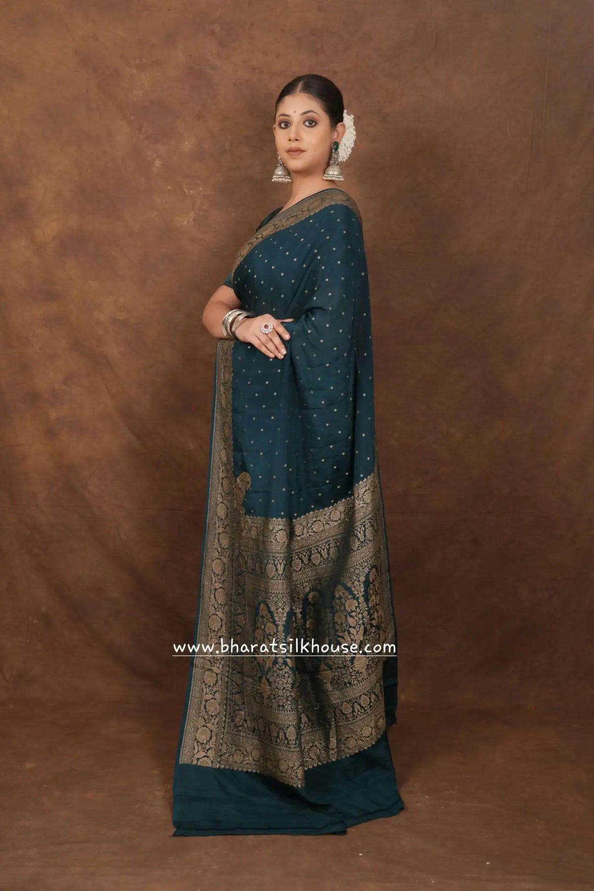 Pure Silk Crape Khaddi Georgette Saree With Antique Zari In Shades Of Green - Bharat Silk House Crepe Khaddi