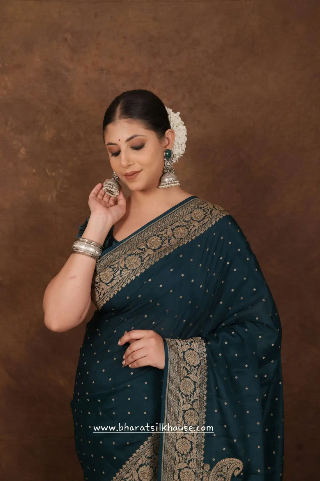 Pure Silk Crape Khaddi Georgette Saree With Antique Zari In Shades Of Green - Bharat Silk House Crepe Khaddi