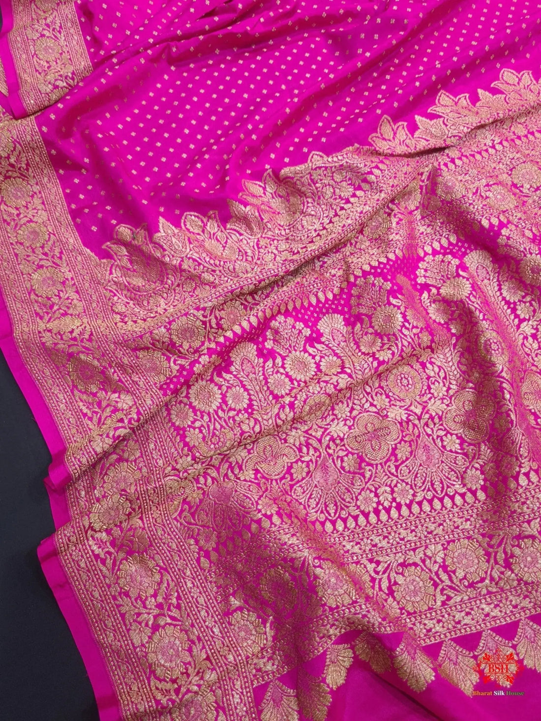 Pure Silk Crape Khaddi Georgette Saree With Antique Zari In Shades Of Pink - Bharat Silk House Crepe Khaddi