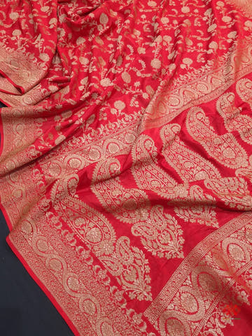 Pure Silk Crape Khaddi Georgette Saree With Antique Zari In Shades Of Red - Bharat Silk House Crepe Khaddi
