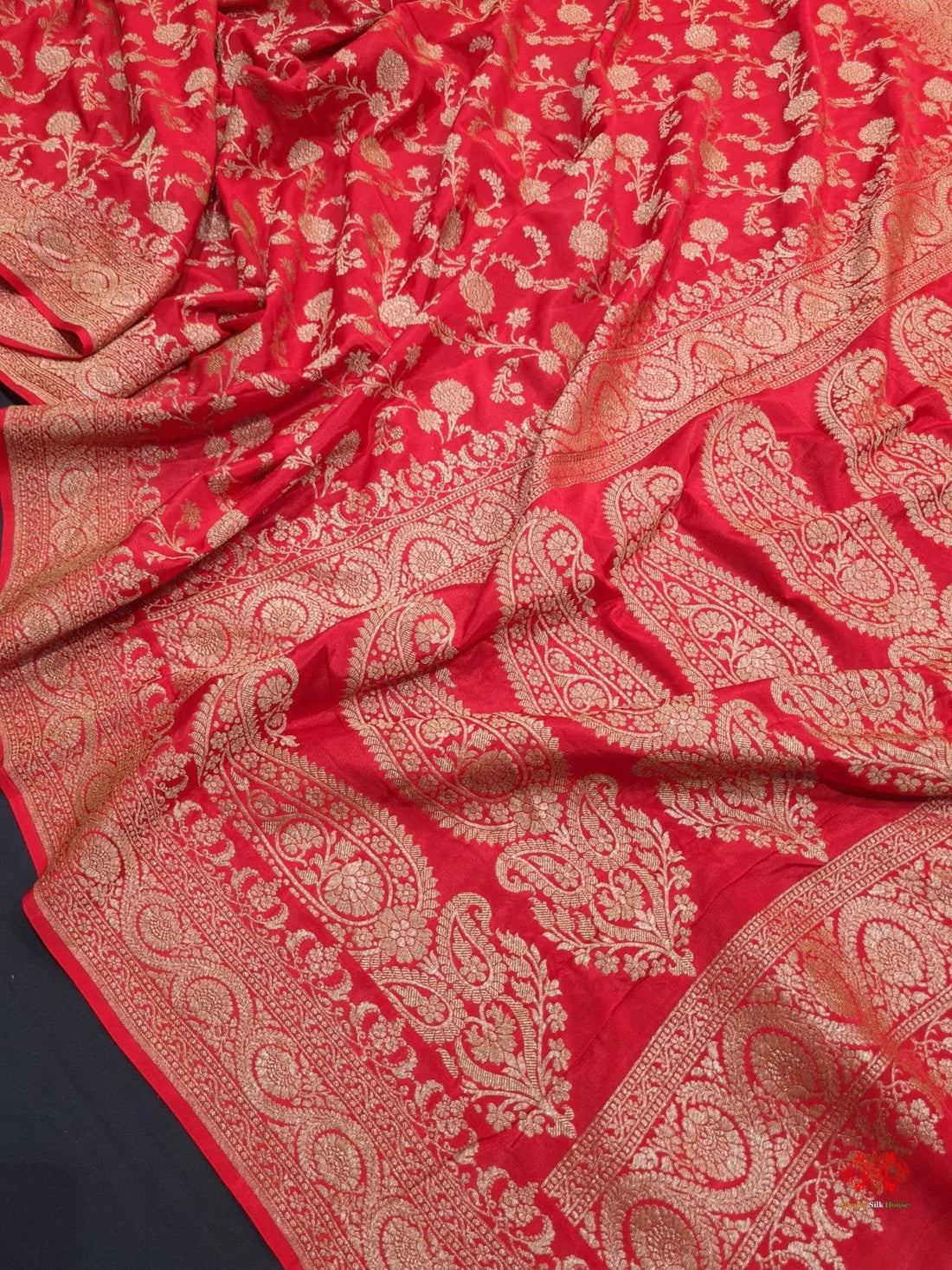 Pure Silk Crape Khaddi Georgette Saree With Antique Zari In Shades Of Red - Bharat Silk House Crepe Khaddi