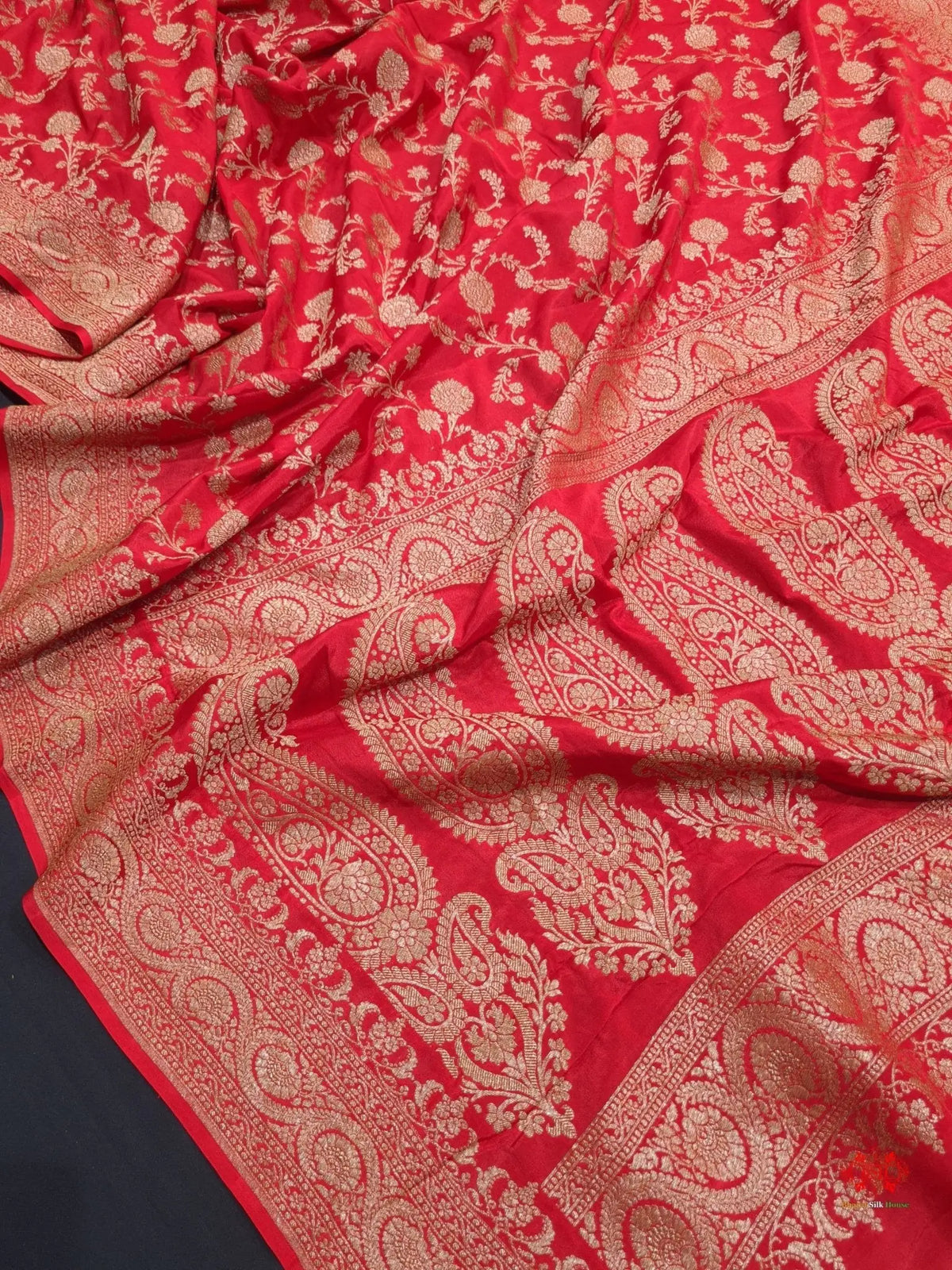 Pure Silk Crape Khaddi Georgette Saree With Antique Zari In Shades Of Red - Bharat Silk House Crepe Khaddi
