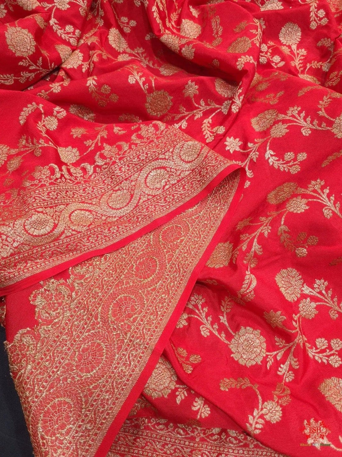 Pure Silk Crape Khaddi Georgette Saree With Antique Zari In Shades Of Red - Bharat Silk House Crepe Khaddi