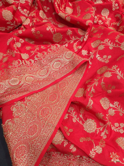 Pure Silk Crape Khaddi Georgette Saree With Antique Zari In Shades Of Red - Bharat Silk House Crepe Khaddi