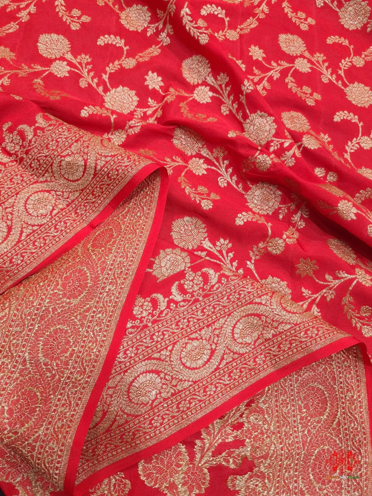 Pure Silk Crape Khaddi Georgette Saree With Antique Zari In Shades Of Red - Bharat Silk House Crepe Khaddi