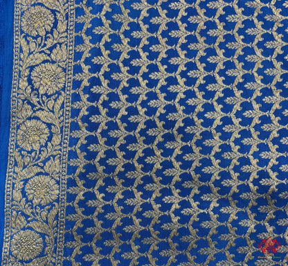 Pure Silk Crape Khaddi Georgette Saree With Antique Zari In Shades Of Royal Blue - Bharat Silk House Crepe Khaddi