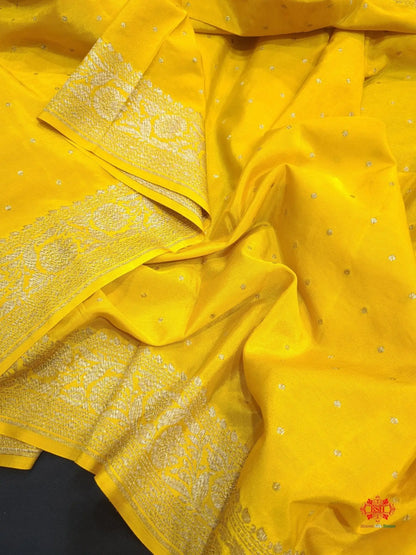 Pure Silk Crape Khaddi Georgette Saree With Antique Zari In Shades Of Yellow - Bharat Silk House Crepe Khaddi