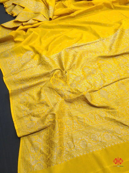 Pure Silk Crape Khaddi Georgette Saree With Antique Zari In Shades Of Yellow - Bharat Silk House Crepe Khaddi