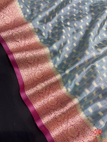Pure Tussar Silk All Over Booti Saree With Pink Border - Bharat Silk House Tussar