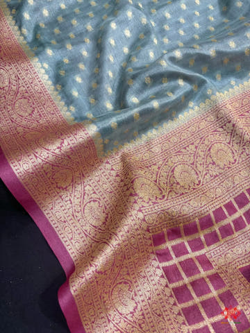 Pure Tussar Silk All Over Booti Saree With Pink Border - Bharat Silk House Tussar