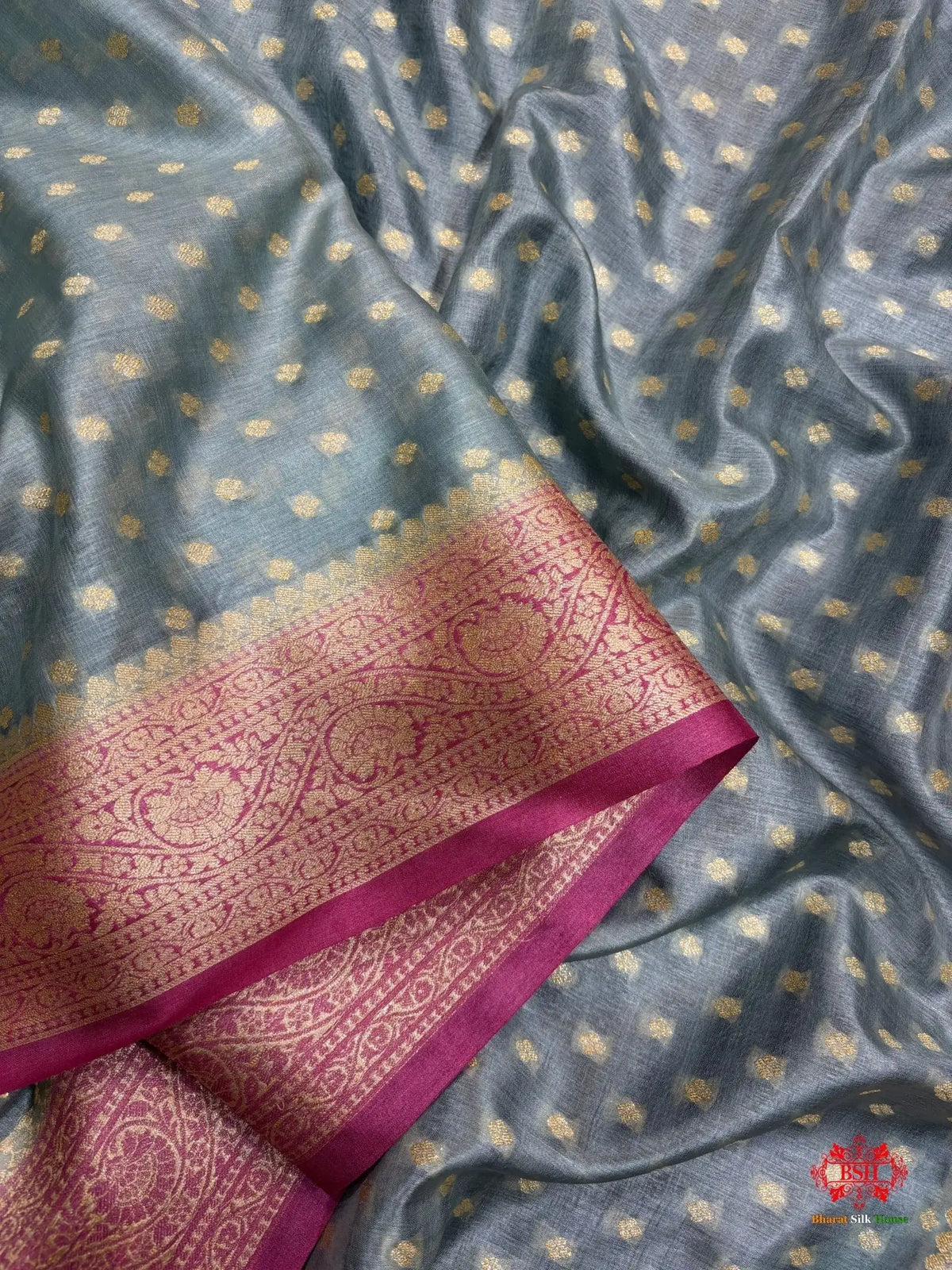 Pure Tussar Silk All Over Booti Saree With Pink Border - Bharat Silk House Tussar