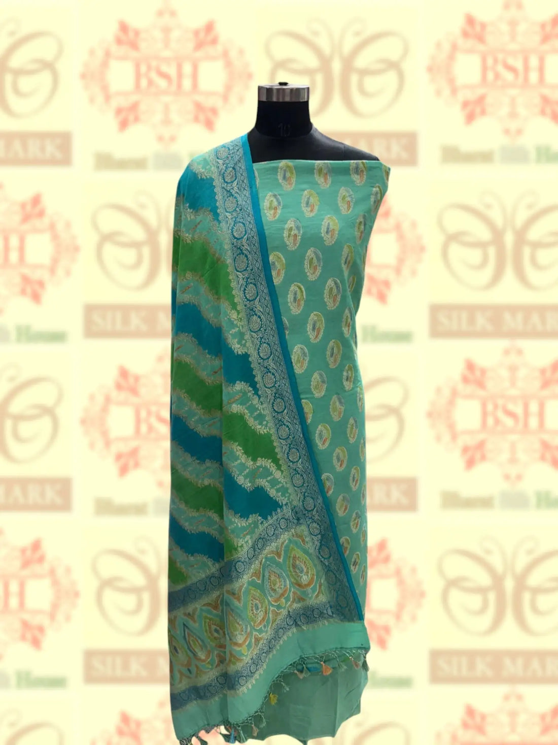 Pure Tusser Suit Piece In Shade Of Green - Bharat Silk House Tusser Suit