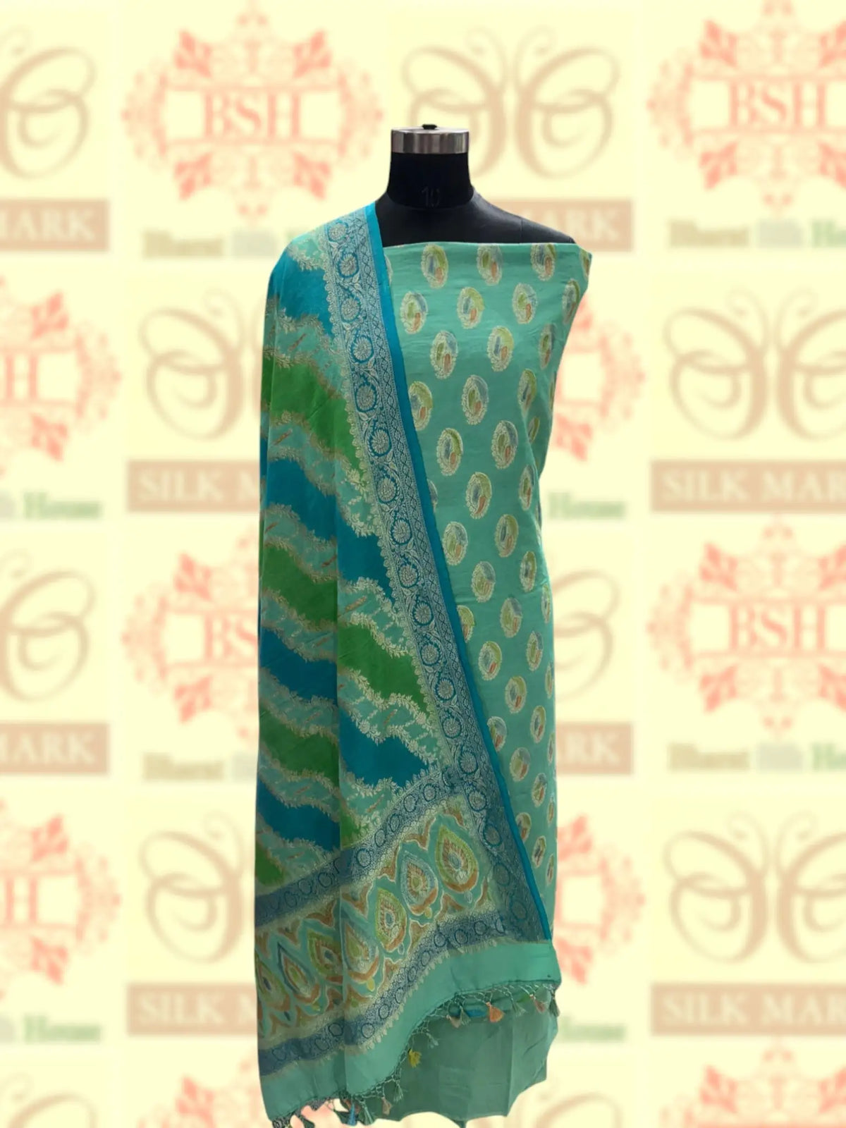 Pure Tusser Suit Piece In Shade Of Green - Bharat Silk House Tusser Suit