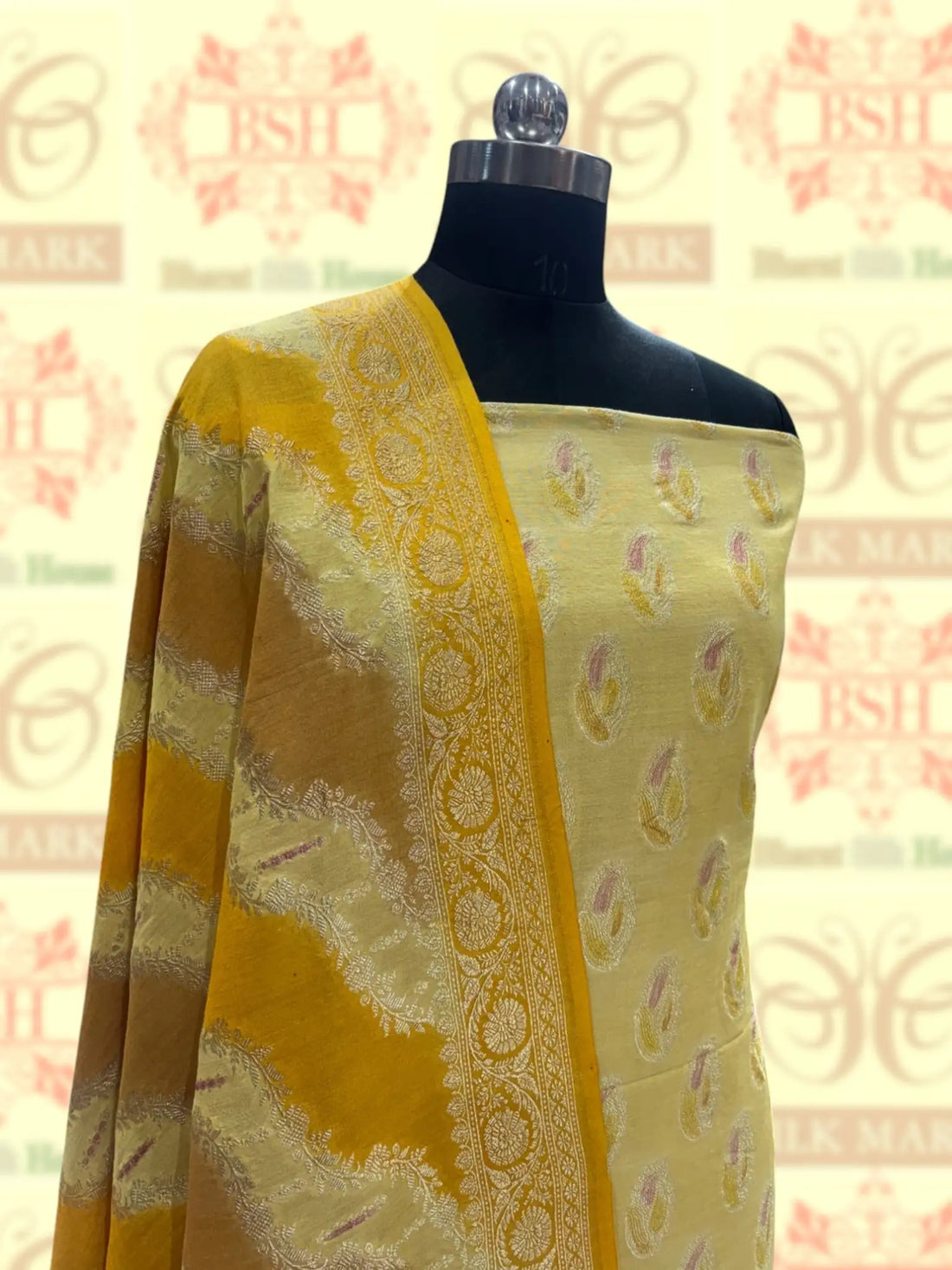 Pure Tusser Suit Piece In Shade Of Yellow - Bharat Silk House Tussar Suit