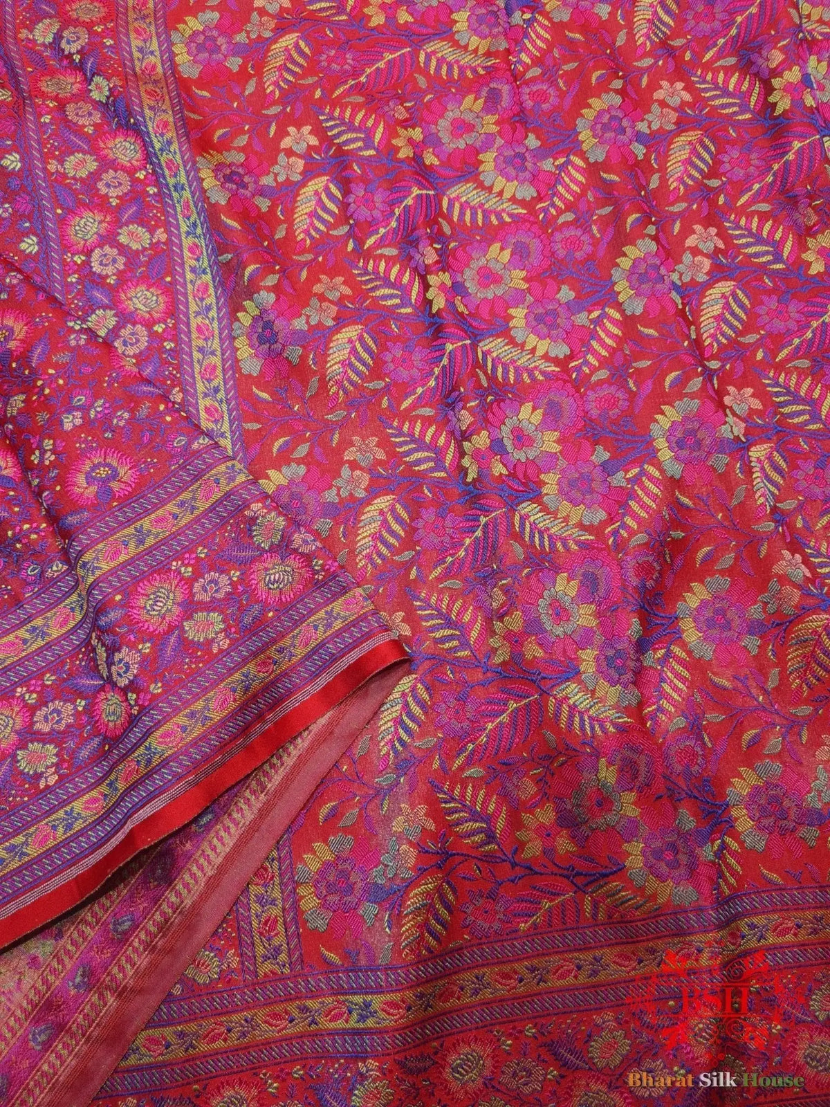 Rani Pink Chauthera (Four Color) Resham Zari Tanchoi Katan Silk Saree - Bharat Silk House Tanchoi katan