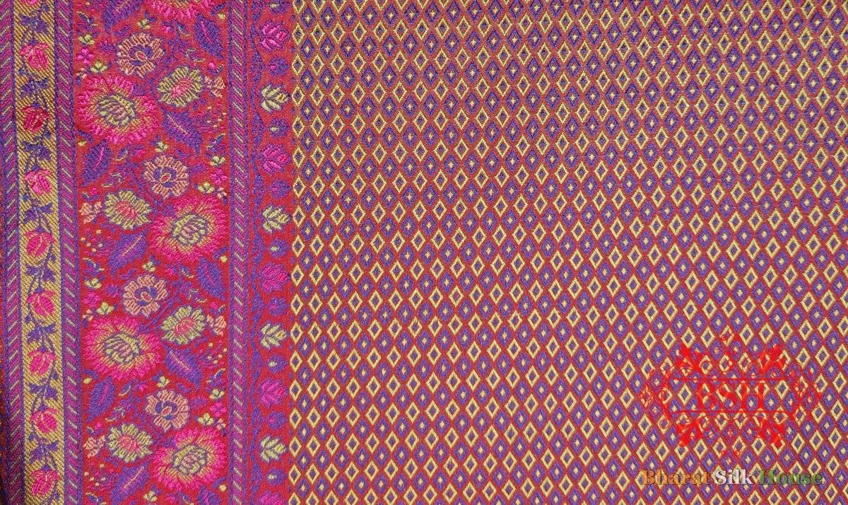 Rani Pink Chauthera (Four Color) Resham Zari Tanchoi Katan Silk Saree - Bharat Silk House Tanchoi katan
