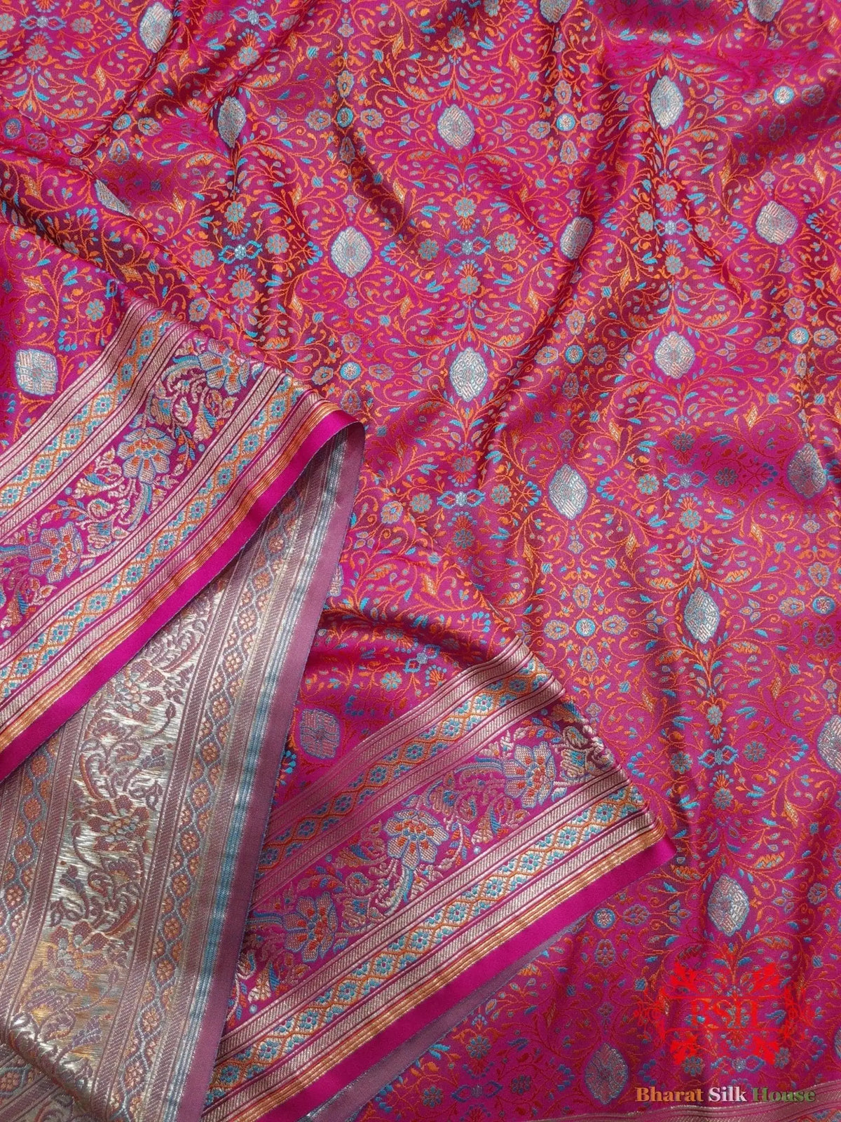 Rani Pink Dohri Resham Zari Booti Tanchoi Silk Saree - Bharat Silk House Tanchoi katan