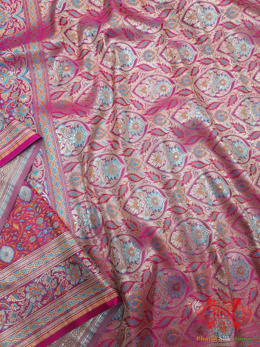 Rani Pink Dohri Resham Zari Booti Tanchoi Silk Saree - Bharat Silk House Tanchoi katan