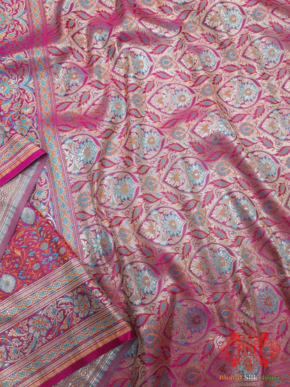 Rani Pink Dohri Resham Zari Booti Tanchoi Silk Saree - Bharat Silk House Tanchoi katan
