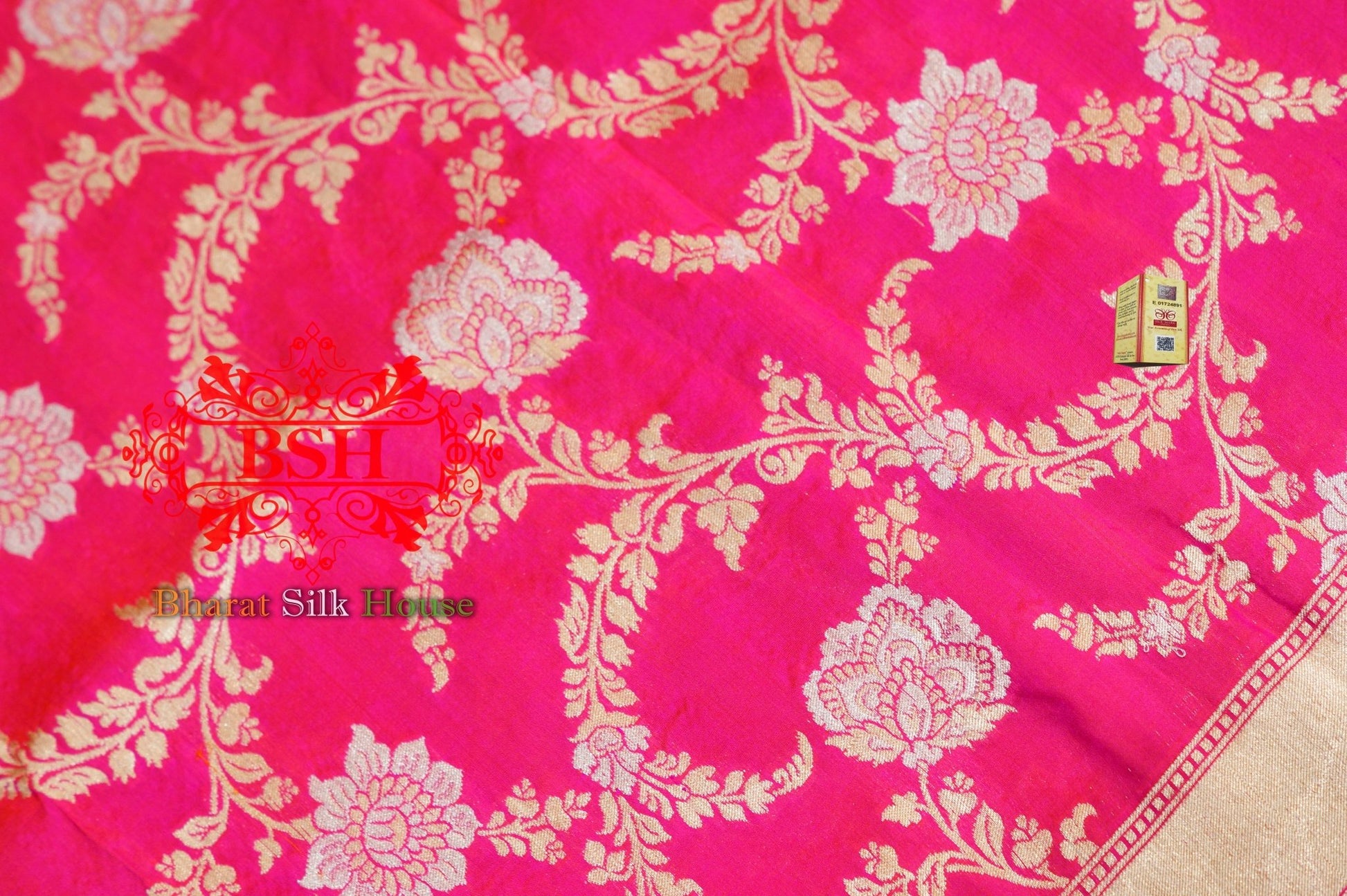 Rani Pink Floral Banarasi Pure Kataan Silk Dupatta - Bharat Silk House