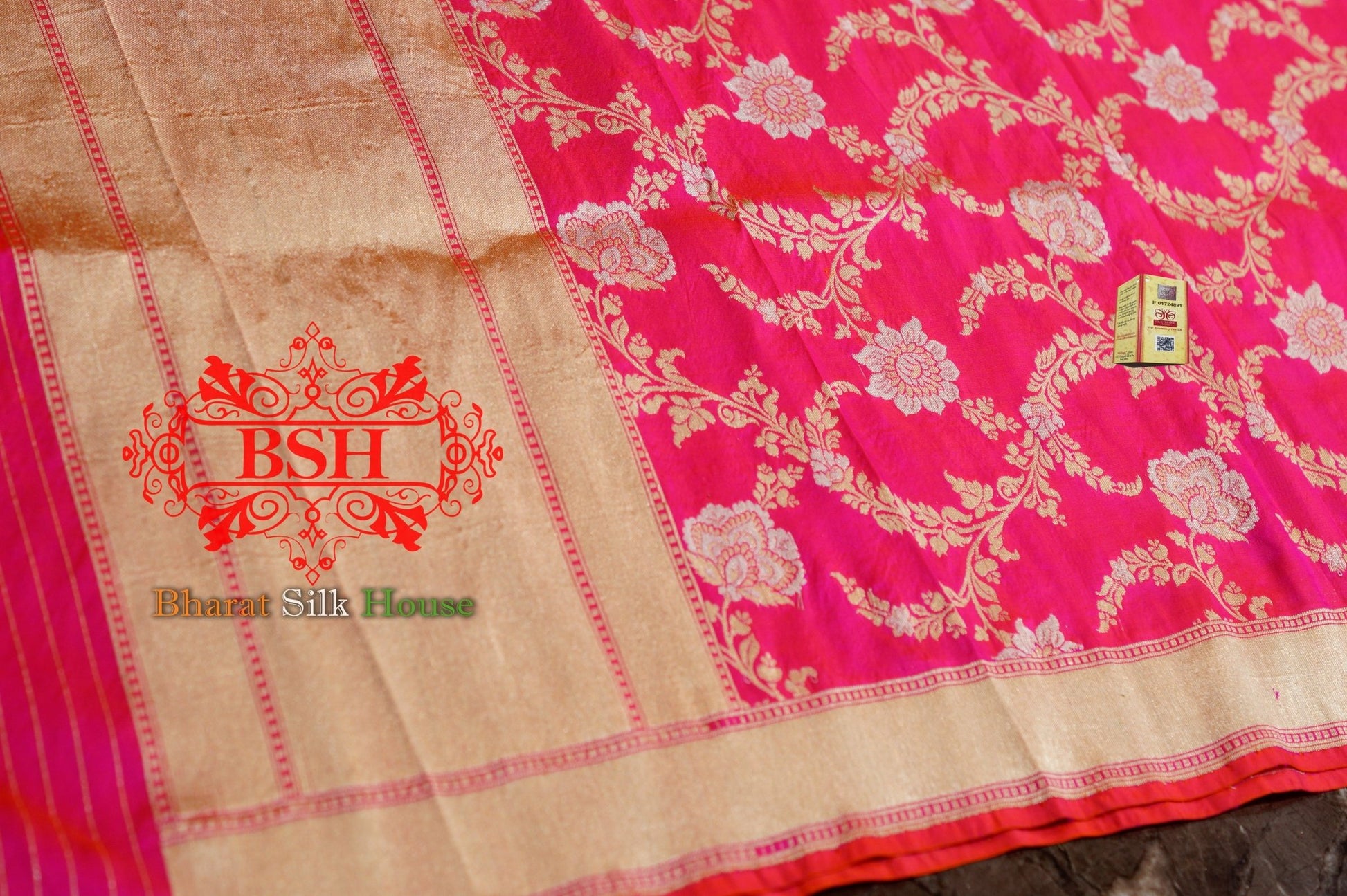 Rani Pink Floral Banarasi Pure Kataan Silk Dupatta - Bharat Silk House