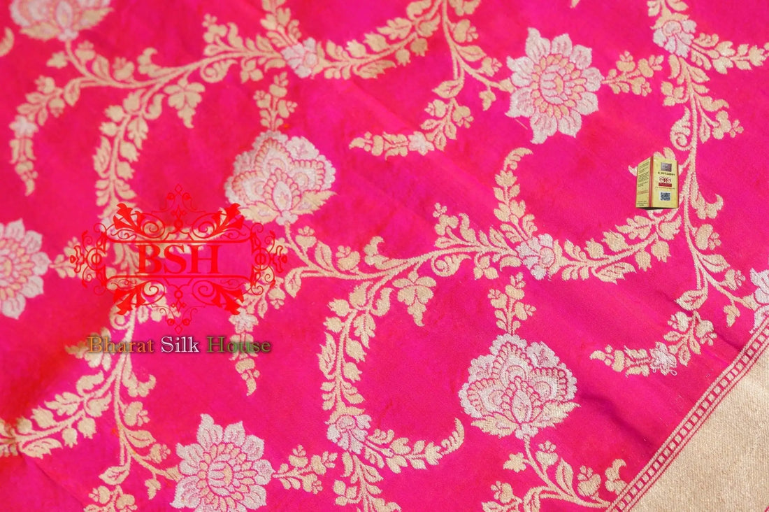 Rani Pink Floral Banarasi Pure Kataan Silk Dupatta - Bharat Silk House Pure Silk Dupatta