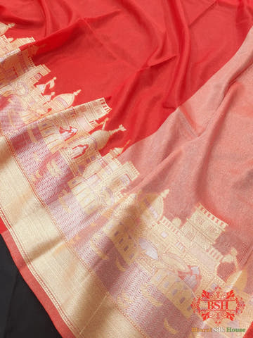 Red Banaras Ghats Weaved Silk Saree - Bharat Silk House Semi-Silk
