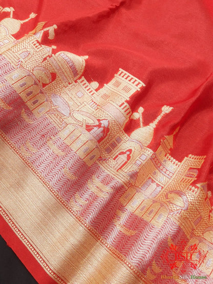 Red Banaras Ghats Weaved Silk Saree - Bharat Silk House Semi-Silk