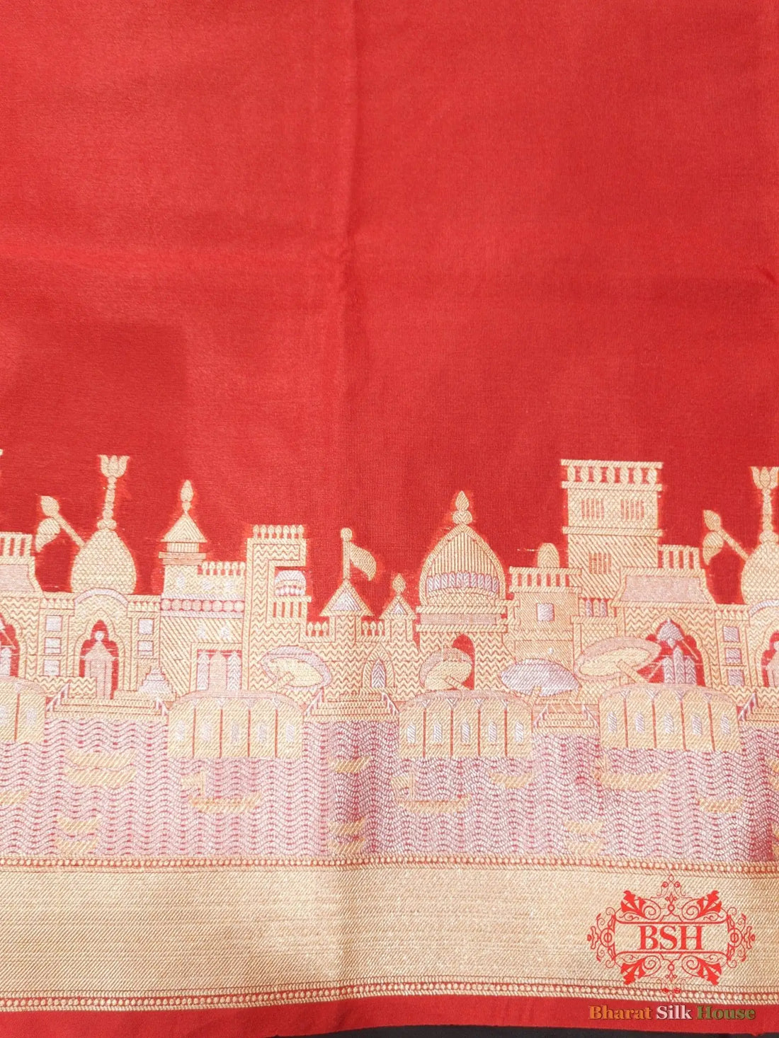 Red Banaras Ghats Weaved Silk Saree - Bharat Silk House Semi-Silk