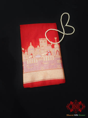 Red Banaras Ghats Weaved Silk Saree - Bharat Silk House Semi-Silk