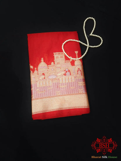 Red Banaras Ghats Weaved Silk Saree - Bharat Silk House Semi-Silk