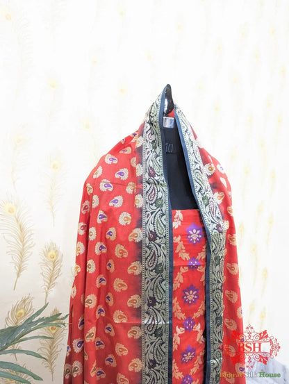 Red Banarasi Silk Unstitched Suit Set - Bharat Silk House Banarasi Cotton