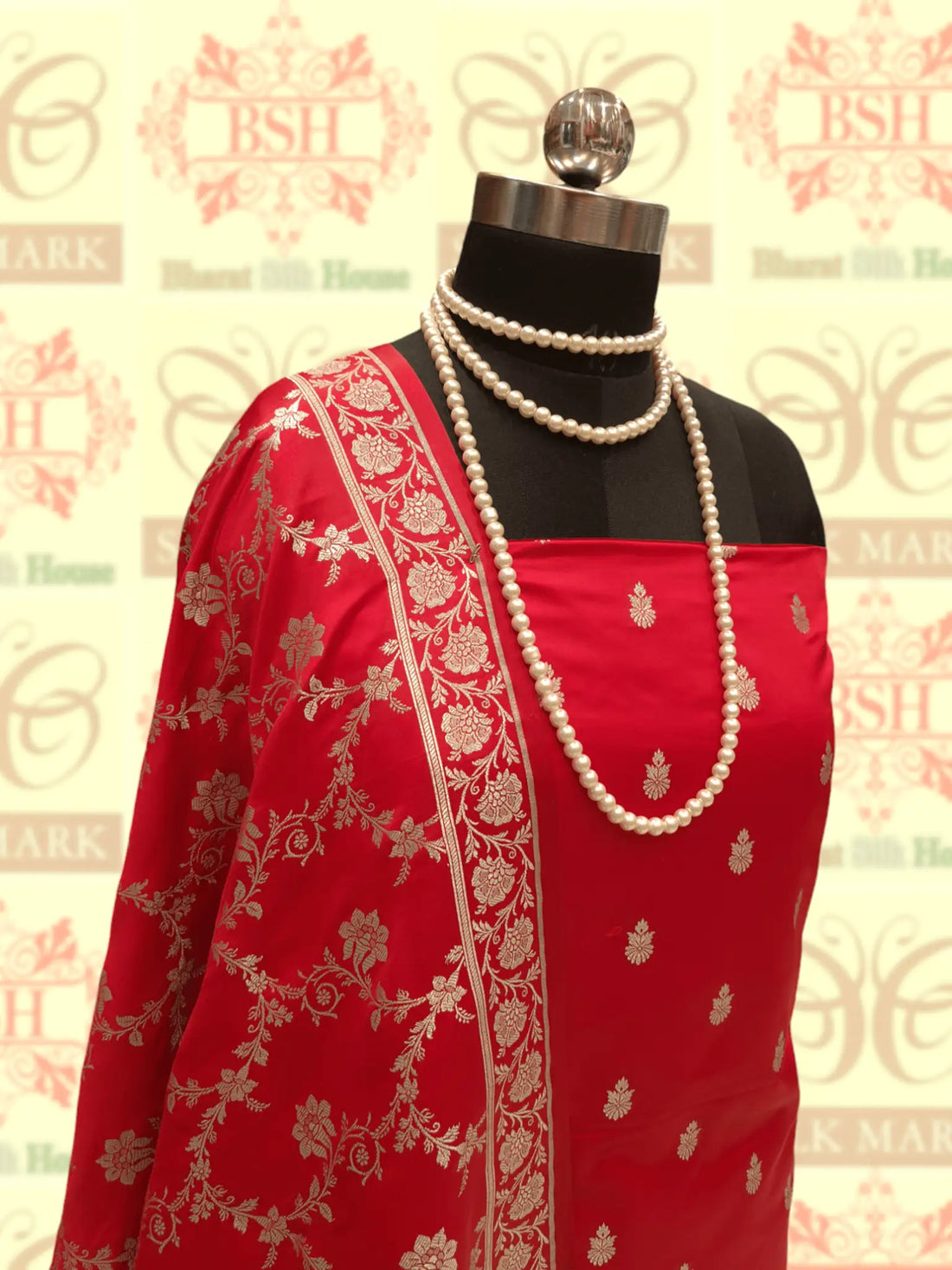Red Colour Semi-Katan Hand-Woven Suit Piece - Bharat Silk House katan silk