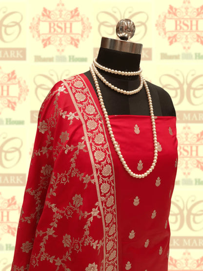 Red Colour Semi-Katan Hand-Woven Suit Piece - Bharat Silk House katan silk