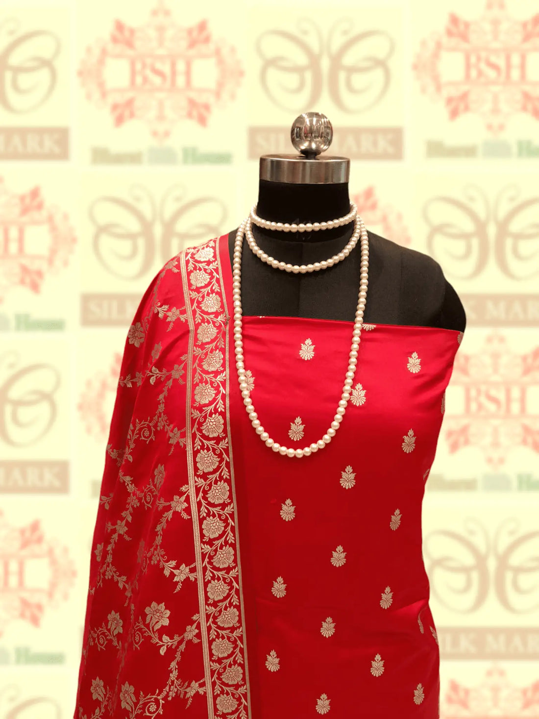 Red Colour Semi-Katan Hand-Woven Suit Piece - Bharat Silk House katan silk