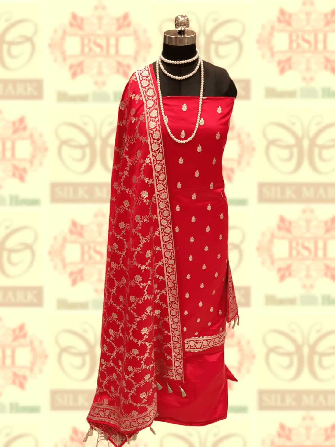 Red Colour Semi-Katan Hand-Woven Suit Piece - Bharat Silk House katan silk