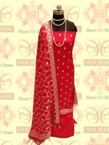 Red Colour Semi-Katan Hand-Woven Suit Piece - Bharat Silk House katan silk