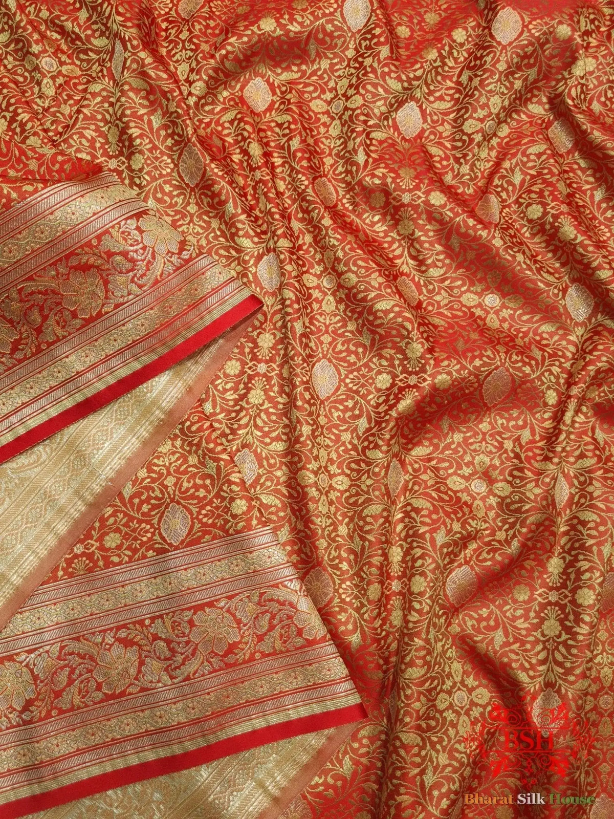 Red Dohri Resham Zari Booti Tanchoi Silk Saree - Bharat Silk House Tanchoi katan