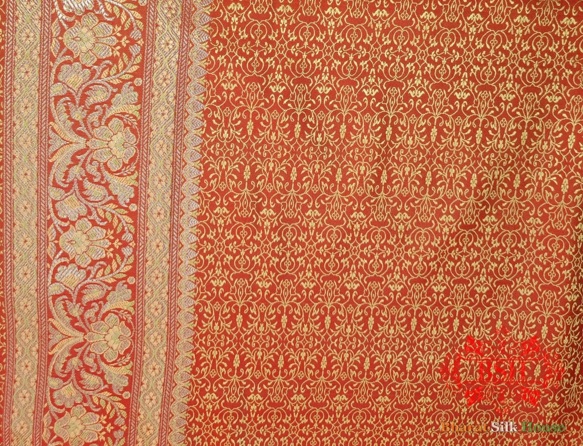 Red Dohri Resham Zari Booti Tanchoi Silk Saree - Bharat Silk House Tanchoi katan